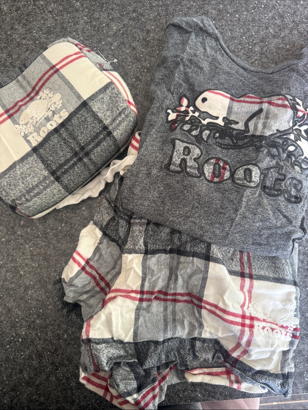 Roots Gray Plaid Pajama Set with Red Accents